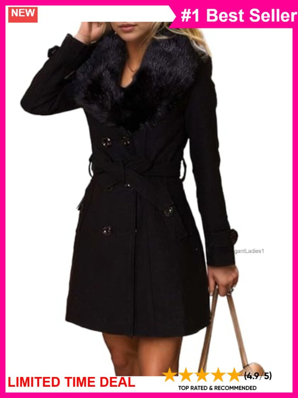 Womens Wool Blend Trench Coat Faux Fur Collar Double Breasted Belted Peacoat